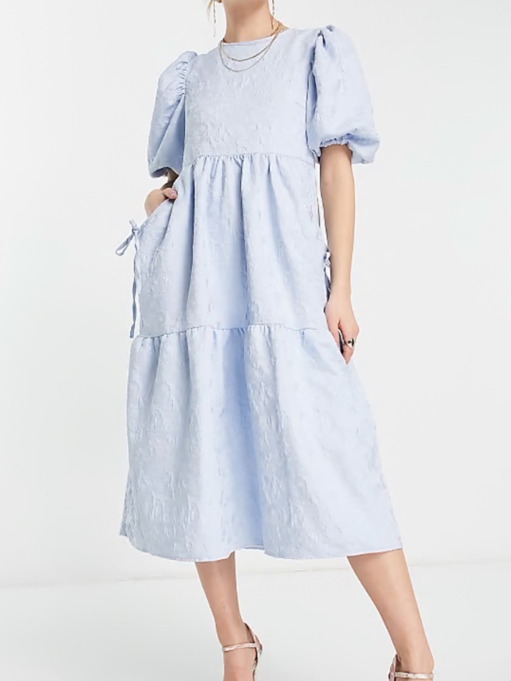 ASOS DESIGN Jacquard
Tiered Midi Dress with Bellow Pockets in Pastel
Blue.